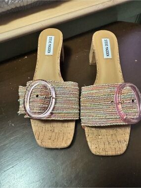 Steve Madden Multicolor Woven Buckle Cork Slide Heels